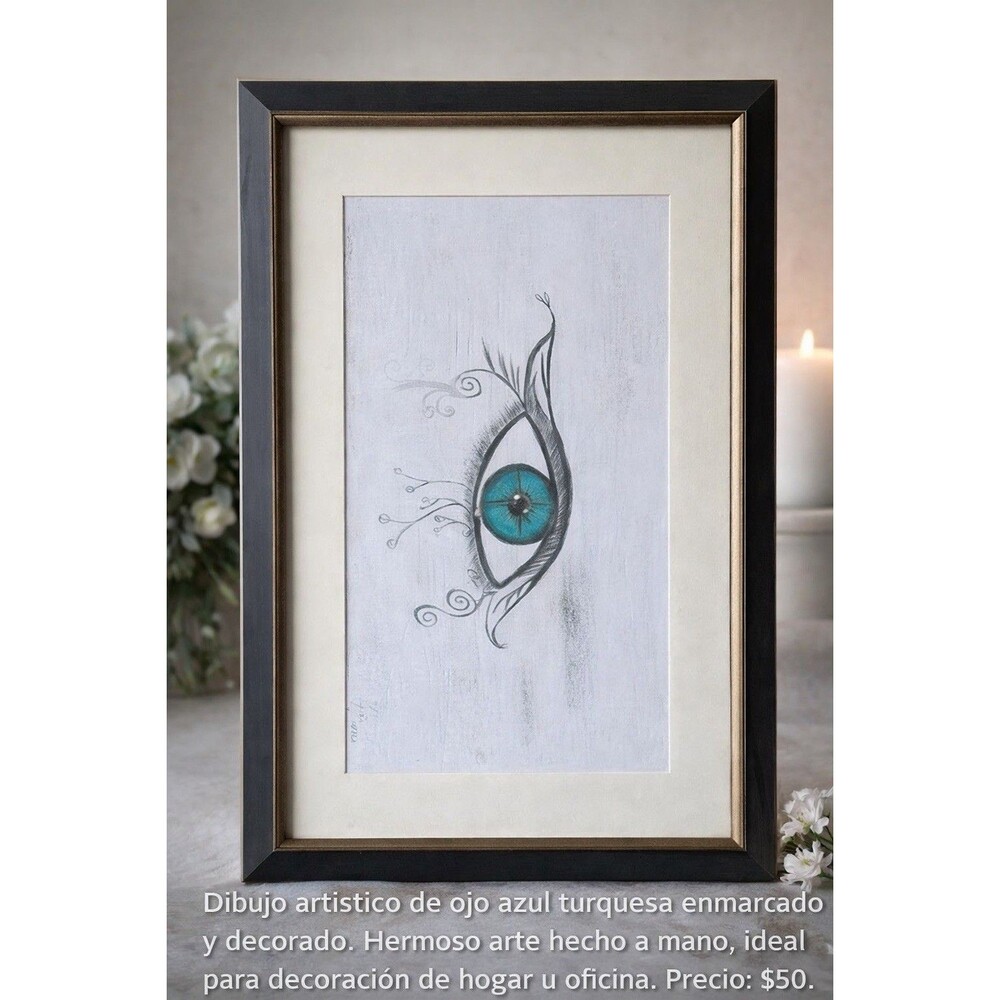 Majo Signed Framed Handmade Turquoise Blue Eye Drawing, Colored Pencil, 2013